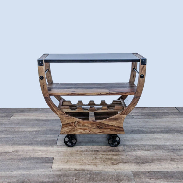 Reperch brand wooden cart with metal top, two shelves, and built-in four bottle wine storage on wheels.