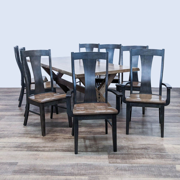 Alt text 1: Bassett 9-piece dining set with a live edge maple table and a combination of two armchairs and six side chairs, showcasing a unique craftsman style.