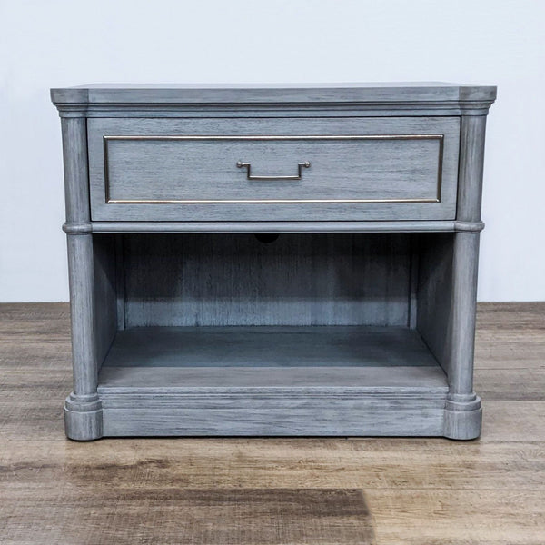 Bassett Furniture end table in gray wash finish with a single flat panel drawer and a lower shelf, featuring metal trim.