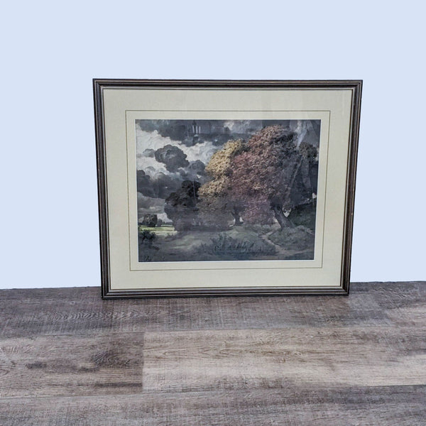 Reperch brand framed art print depicting a tranquil countryside landscape, enclosed in glass.