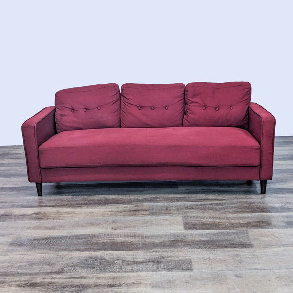 Zinus 3-seat button-back bench sofa with narrow arms and wood finish feet, in red.