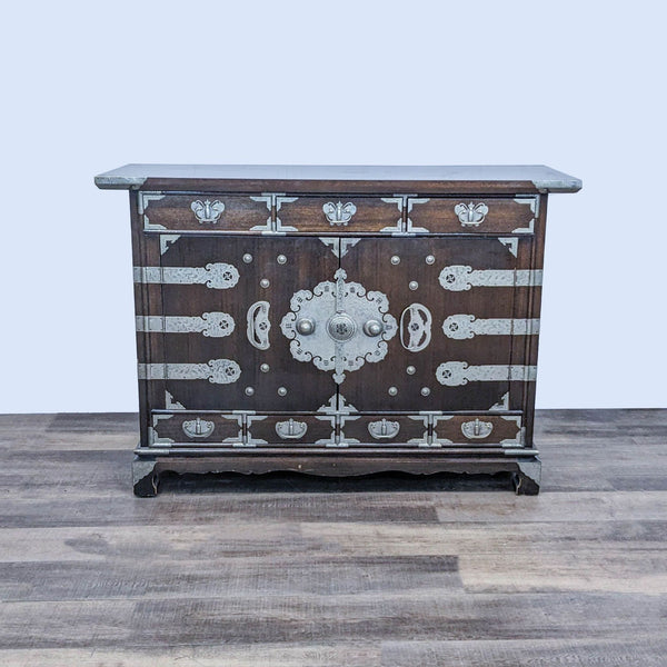 Alt text 1: Reperch Korean sideboard closed, showcasing brass butterfly hardware and medallions on wood.