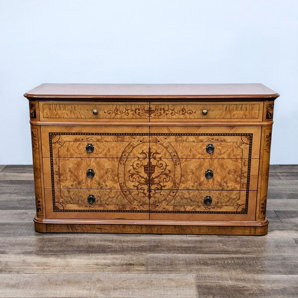 Alt text 1: Reperch wood dresser with closed intricate inlay detailing, showcasing eight decorative knobs, standing on a wooden floor.
