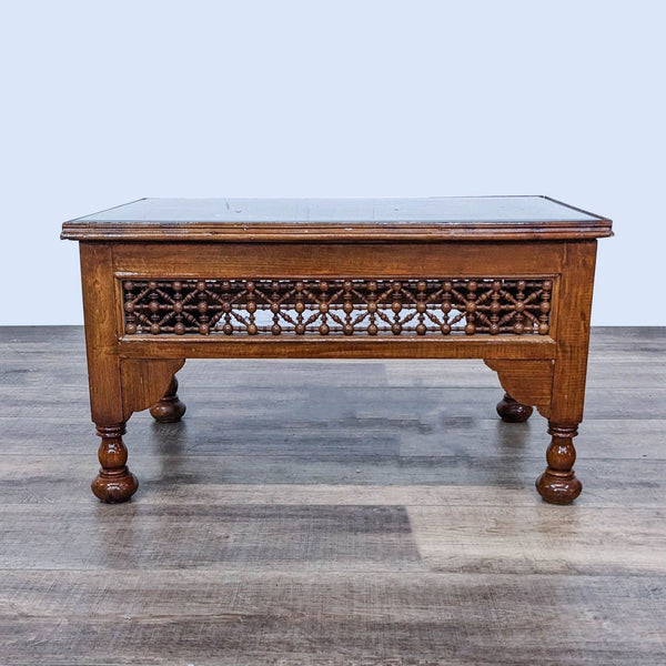1. Reperch coffee table featuring intricate mashrabiya latticework and a mother-of-pearl inlaid edge, with one missing panel on top.