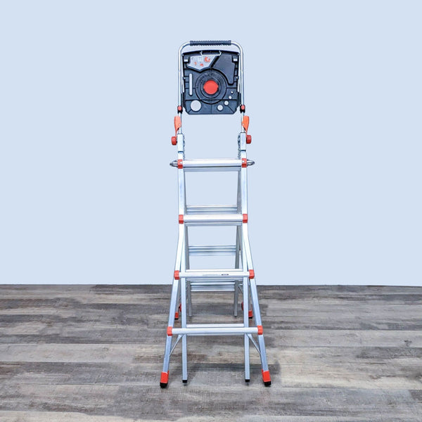 Little Giant aluminum ladder in A-frame position, featuring slip-resistant rungs and non-marring feet, on wooden floor.