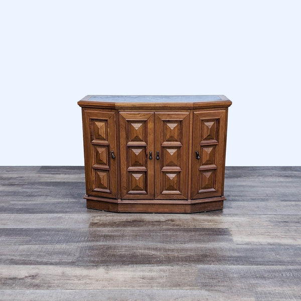 Alt text 1: Reperch brand four-paneled wooden sideboard with closed doors on a hardwood floor against a white background.