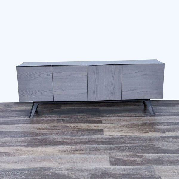 Alt text 1: Modern Roche Bobois oak veneer sideboard with offset lines and silver patina handles, designed by Christophe Delcourt.