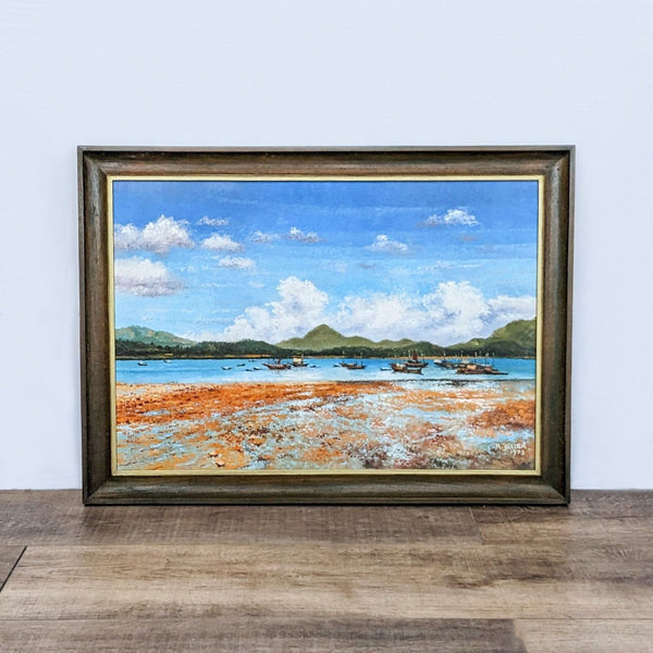 1. "Vibrant landscape painting titled 'Sai Kung Reclamation' with textured mountains, sky, and boats, signed by R. Beller, 1973."