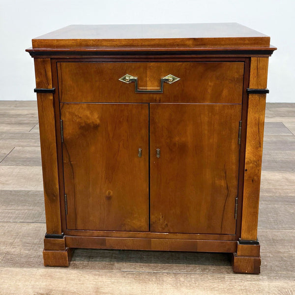 Century Furniture two-tone end table with inlaid top and front cabinet doors.