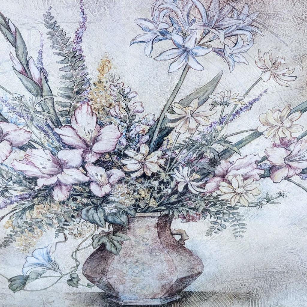 2. "Close-up of 'Fresco Floral No. IV' showing intricate detail of flowers and greenery in a pot, with a soft, textured background."