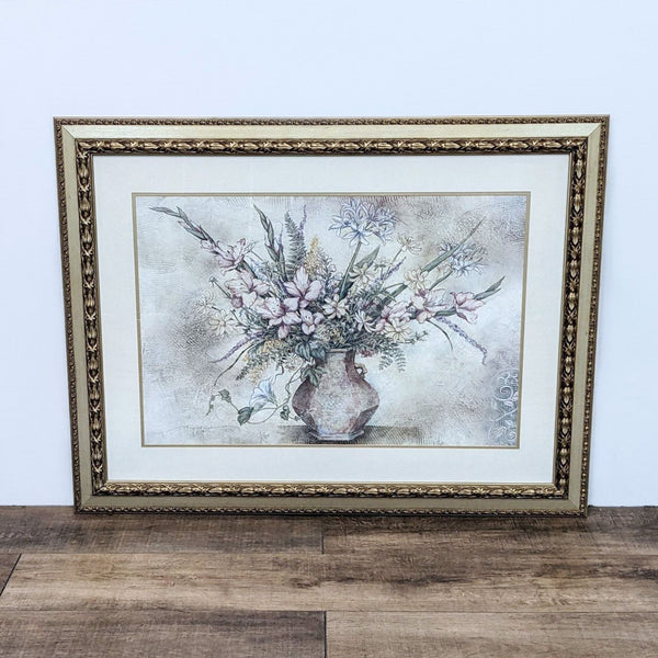 1. "Arnold Iger 'Fresco Floral No. IV' print of a flower bouquet in a vase, framed in an ornate gold frame with mat, by Reperch."