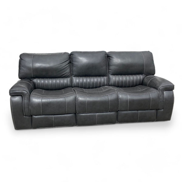 Reperch brand 3-seat power leather reclining sofa with USB port, contrast stitching, pillow top arms, and lumbar support.
