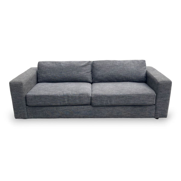 Alt text 1: Grey contemporary two-seat West Elm sofa with block arms measuring seven feet in width.