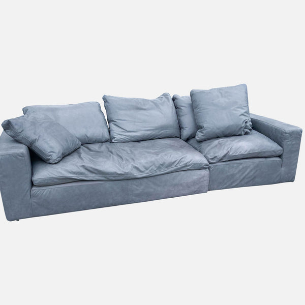 1. Gray leather two-piece sectional sofa with plush cushions and block arms, from Restoration Hardware.