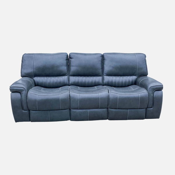 1. A sleek Reperch power leather reclining sofa in blue with visible stitching and pillow top arms, equipped with a USB port for convenience.