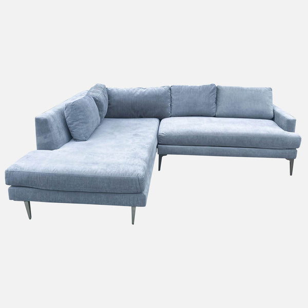 West Elm Andes Sectional in mineral grey distressed velvet with slim seat deck and metal legs.