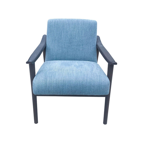 West Elm Mid Century Wood Show chair in Ash Wood with blue flatweave fabric upholstery on a white background.