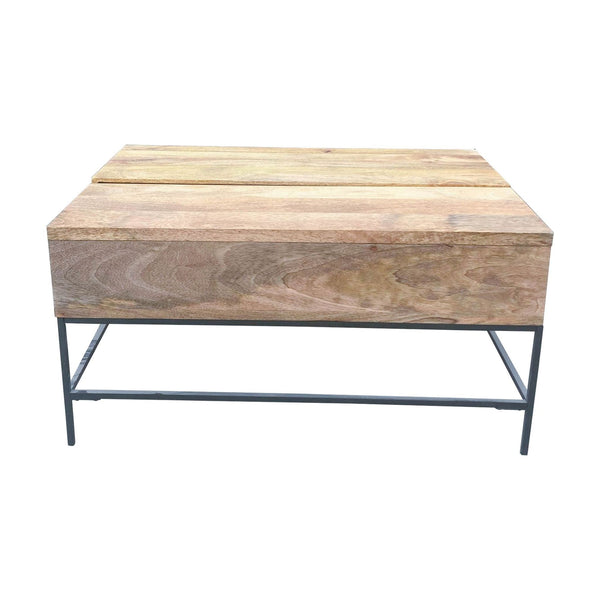 West Elm coffee table with mango wood top on a blackened steel frame, isolated on white background.