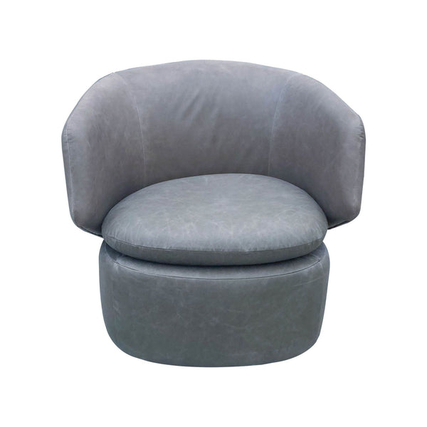 West Elm Crescent lounge chair in leather with a 360-degree swivel base, showcasing modern wraparound style.