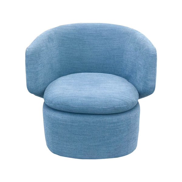 1. West Elm Crescent lounge chair with a blue performance weave fabric and a 360-degree swivel base.