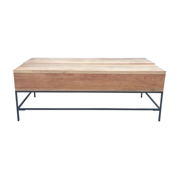 West Elm coffee table with mango wood top on blackened steel base, closed position.