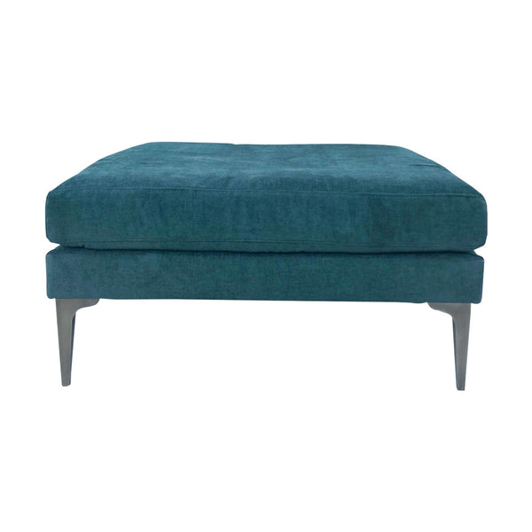 1. "West Elm Andes Ottoman/Coffee Table, 34" square in forest green velvet on metal legs."