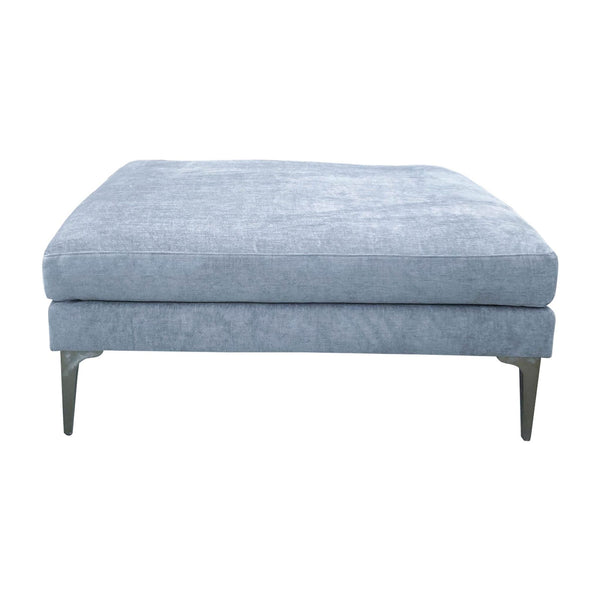 1. West Elm Mineral Grey Velvet Ottoman: A 40" square ottoman with metal legs, suitable for use as a coffee table.