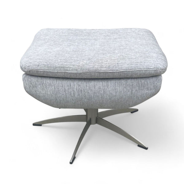 1. Grey fabric upholstered storage ottoman with a lift top on a chrome X-base, by Target.