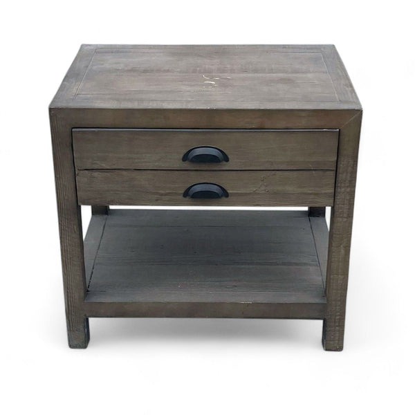 Reperch brand wooden end table with two drawers and a lower shelf, weathered finish.