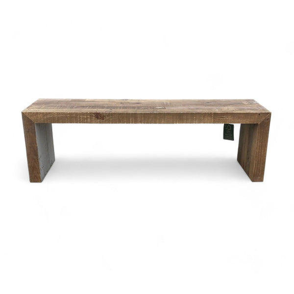 Alt text 1: Sleek West Elm wooden bench with a simple rectangular shape and visible wood grain on a white background.