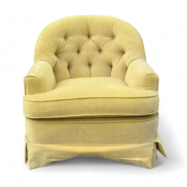 Reperch brand yellow barrel back accent chair with button tufting and welt trim upholstery.