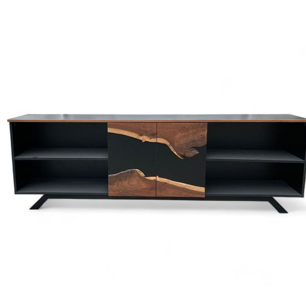Reperch wooden sideboard with black shelving and unique wood grain cabinet doors on a low metal base.