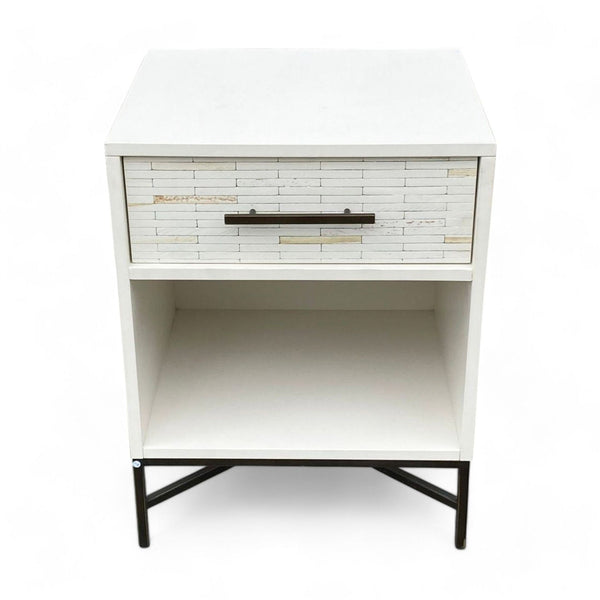 West Elm tiled end table with a white finish and a single drawer with a bronze handle, on a metal base.