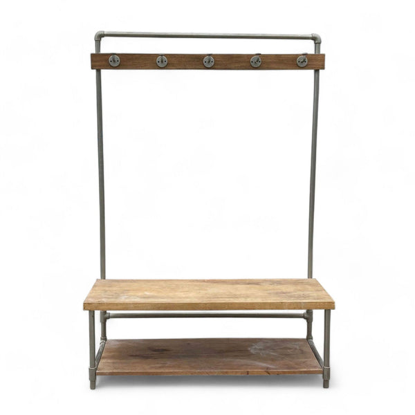 Reperch brand standing rack with wood bench, shelf above, and 5 metal hooks on a wooden slat against a white background.