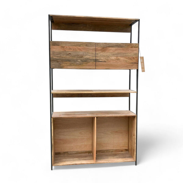 West Elm upper cabinet in wood with a shelf and two cubbies, featuring black metal frame.