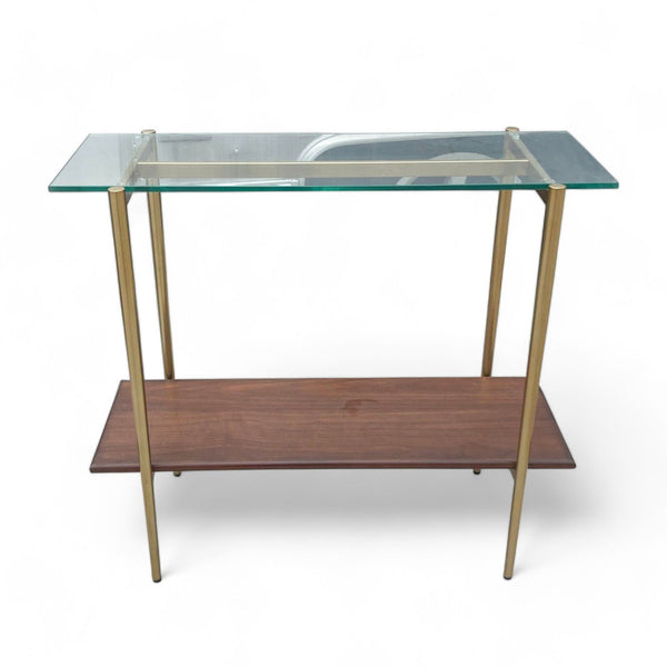 Reperch brand side table with a metal frame, glass top, and wooden lower shelf against a white background.