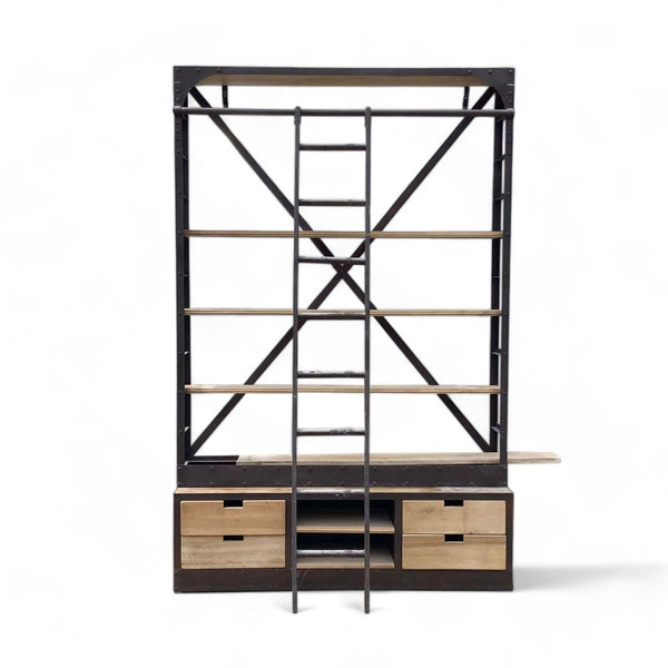 Reperch brand modern bookshelf with black steel frame, wooden shelves, and drawers on a white background.