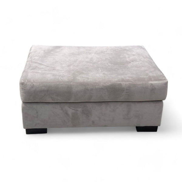 1. Grey velvet upholstered rectangular ottoman by Reperch with dark block feet, isolated on a white background.