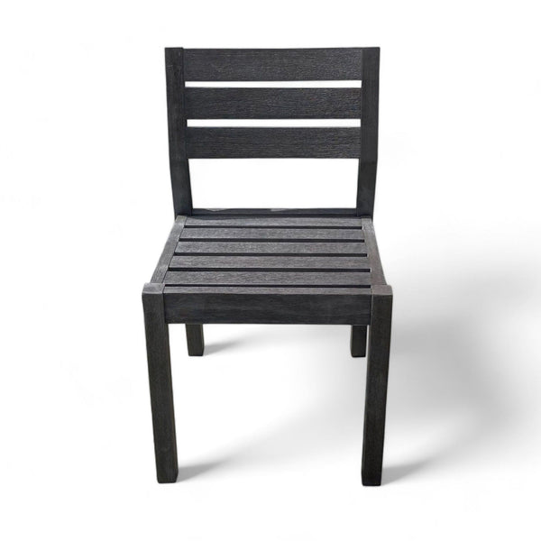 West Elm Playa dining chair with clean lines, made from mahogany in weathered black finish, suitable for indoor/outdoor.