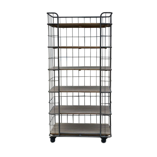 Restoration Hardware wooden and metal bookshelf with five shelves and wheels on a white background.