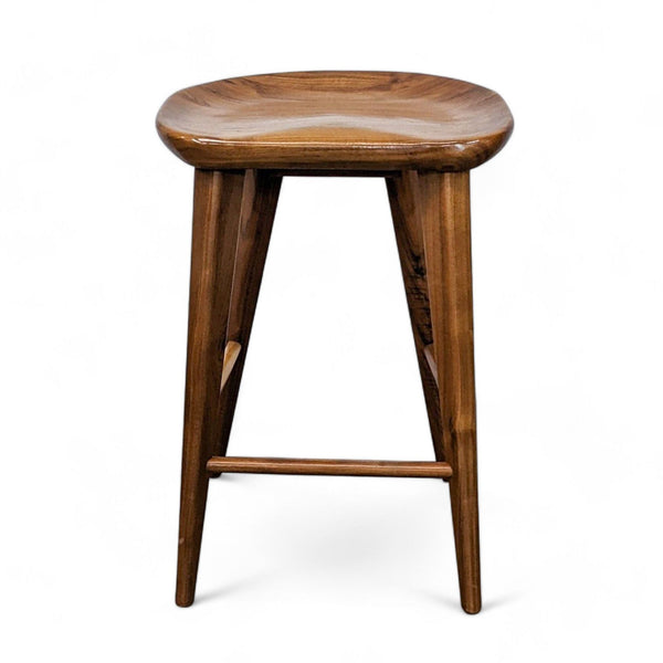 1. Wooden round-top stool with three tapered legs from Rejuvenation on a white background.