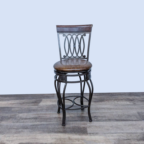 Reperch brand padded swivel barstool with metal base and wooden back detailing, on wood floor.