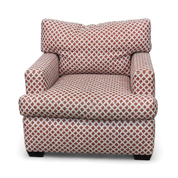 1. A. Rudin contemporary lounge chair with red and white lattice style upholstery against a white background.