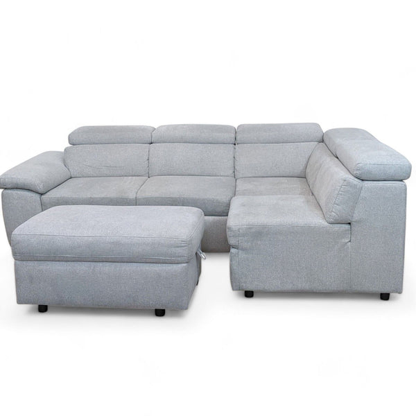 1. Reperch light gray fabric modular sectional sofa with adjustable headrests and an accompanying storage ottoman in a white background.