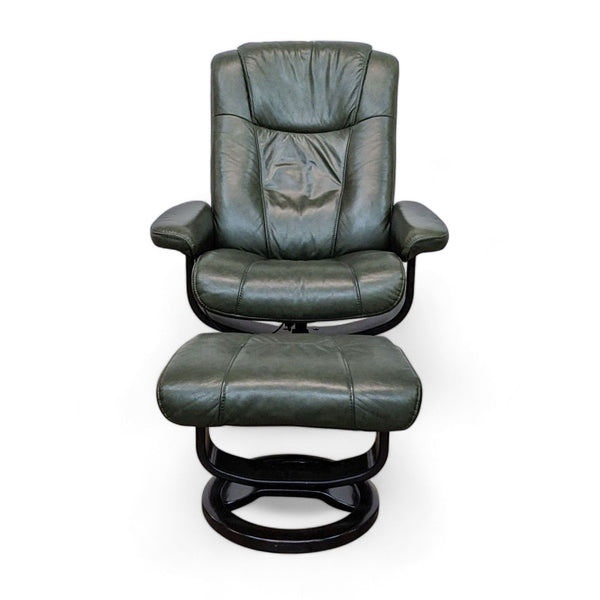 1. Palliser green leather recliner with matching ottoman and bentwood bases, against a white backdrop.