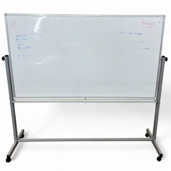 1. Mobile magnetic whiteboard by Reperch with faint markings, set in a vertical position with four caster wheels and aluminum frame.