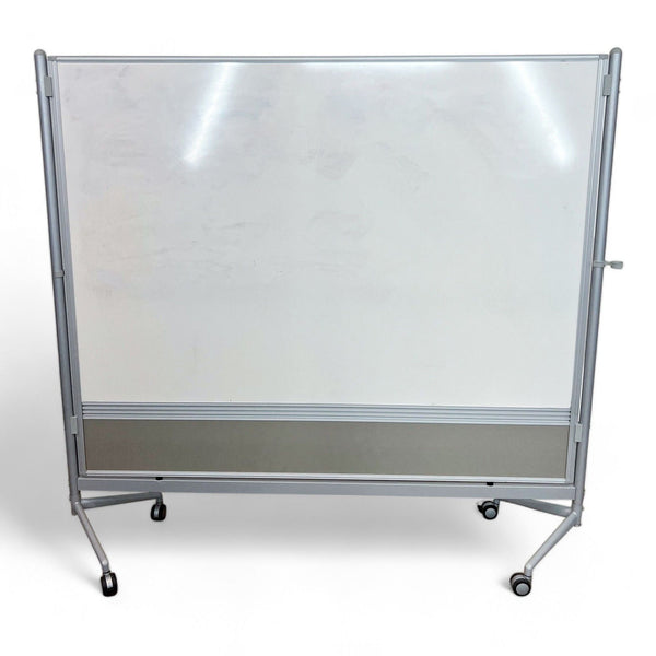 Alt text 1: Double-sided whiteboard with stable leg design and rolling casters from Reperch on a white background.