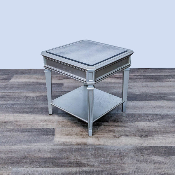 1. Z Gallerie brand end table with mirrored surfaces and silver frame on wooden floor.