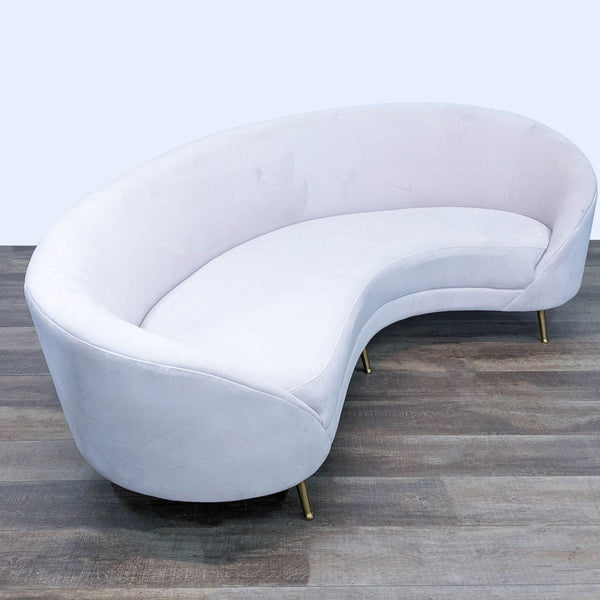 1. A 98" curved 3-seat sofa by Reperch with plush white upholstery and elegant gold metal feet on a wooden floor.