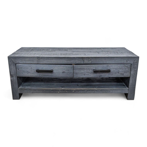 Ash gray reclaimed pine coffee table with planked top and two drawers by Living Spaces.